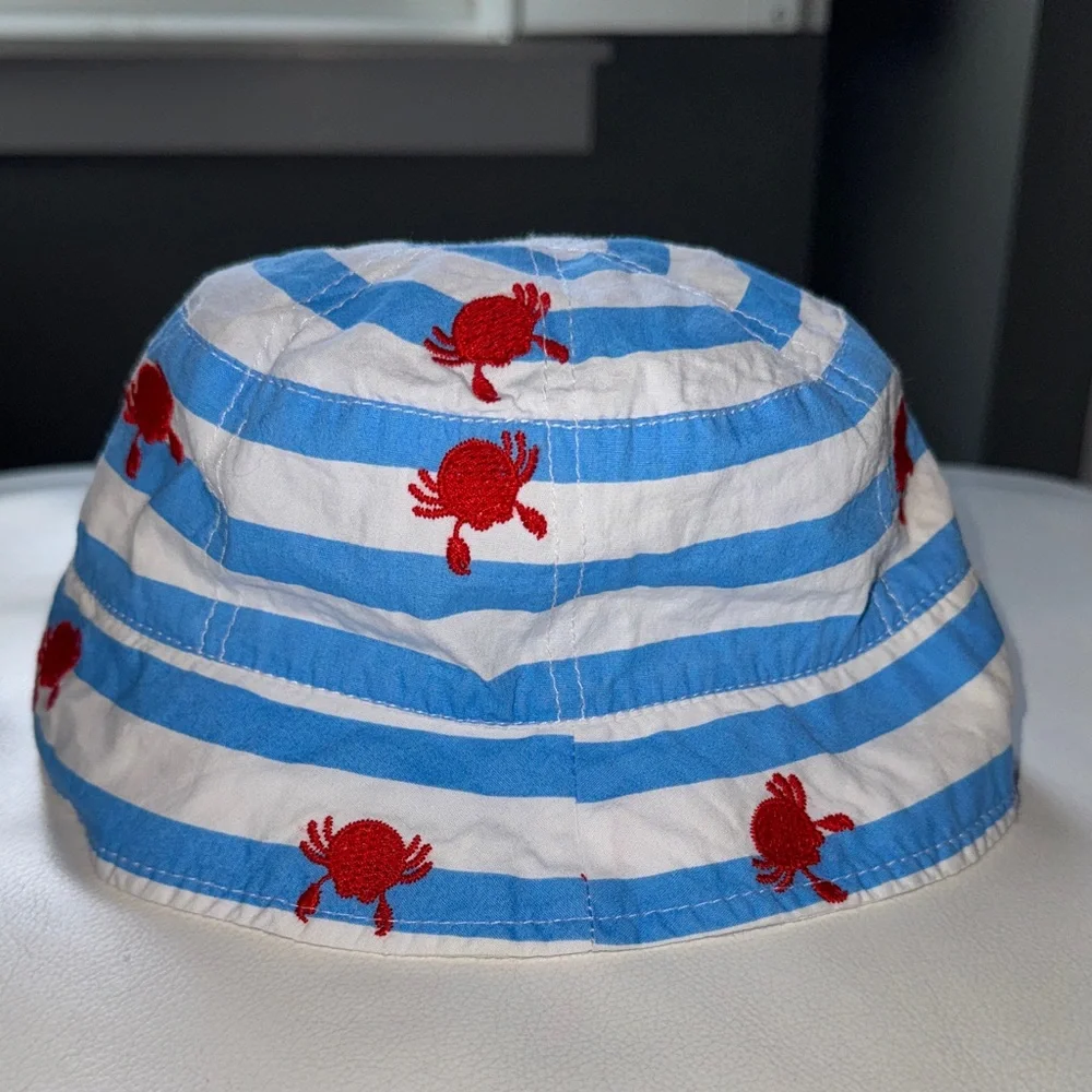 Mud Pie Bucket Hat Blue and White Striped w Red Crab Embroidery size 0-12 month